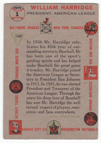 1956 Topps Will Harridge #1 Rookie Card