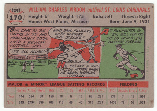 1956 Topps Bill Virdon #170 back