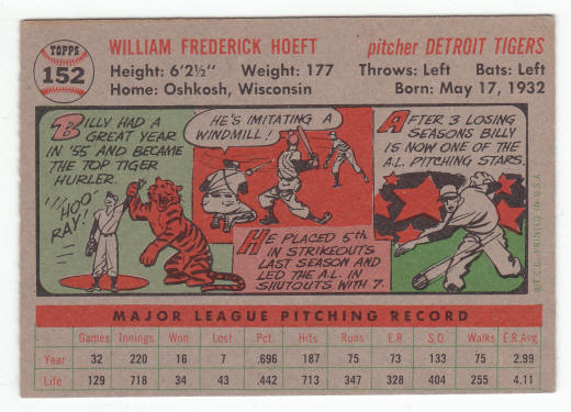 1956 Topps Billy Hoeft #152 back