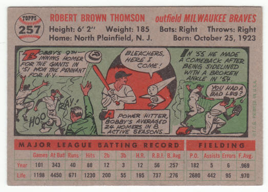 1956 Topps #257 Bobby Thomson back