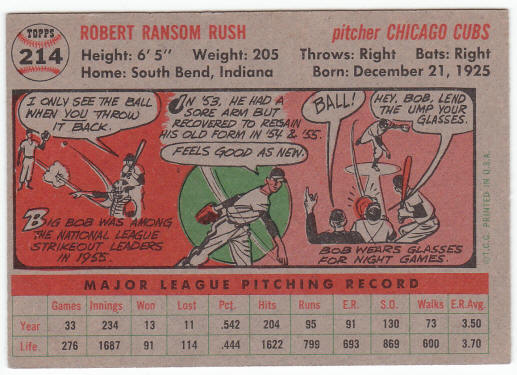 1956 Topps #214 Bob Rush back