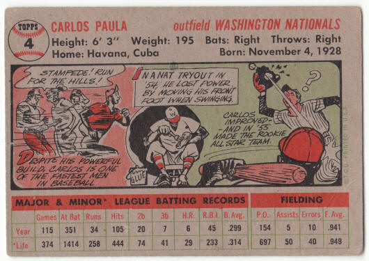 1956 Topps #4 Carlos Paula back