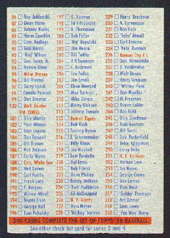 1956 Topps Baseball Card Checklist 1/3 VG/Ex back