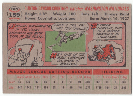 1956 Topps #159 Clint Courtney back