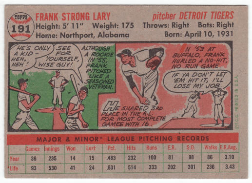 1956 Topps #191 Frank Lary first topps card back