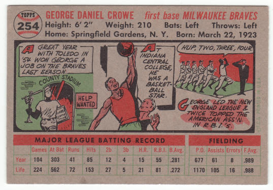 1956 Topps George Crowe #254 back