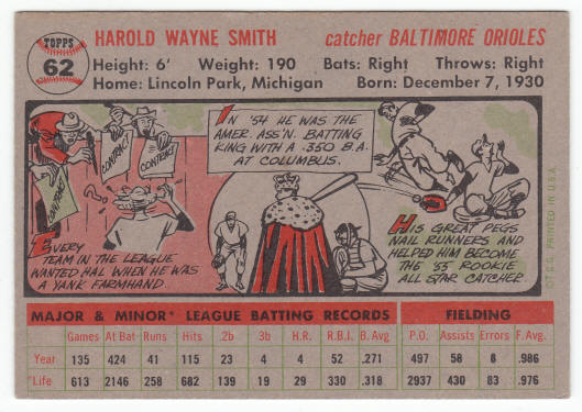1956 Topps #62 Hal Smith back