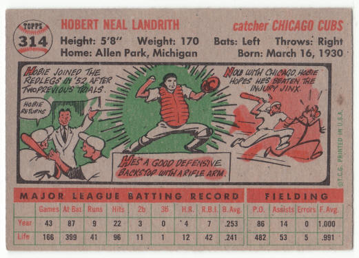1956 Topps #314 Hobie Landrith back