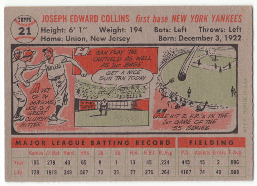 1956 Topps #21 Joe Collins back