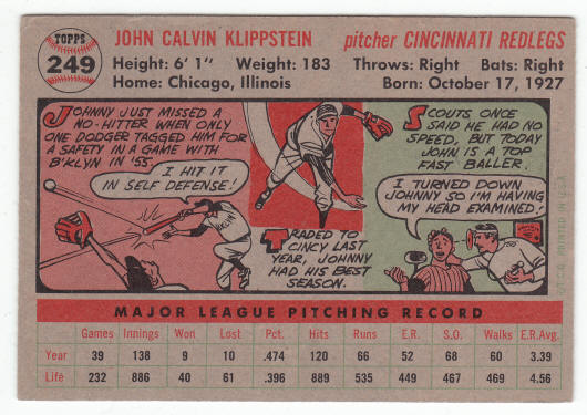1956 Topps Johnny Klippstein #249 back