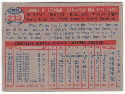 1957 Topps Baseball #232 Whitey Lockman