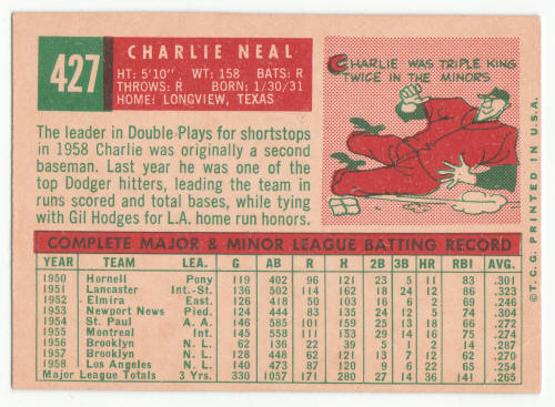 1959 Topps #427 Charlie Neal back