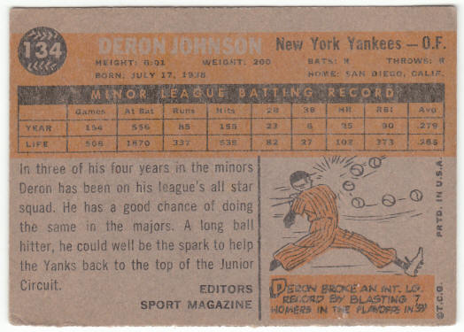 1960 Topps Baseball #134 Deron Johnson Rookie Star