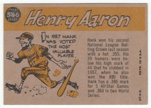 1960 Topps Hank Aaron AS #566 back