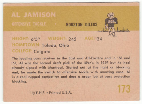 1961 Fleer #173 Al Jamison Rookie Card back