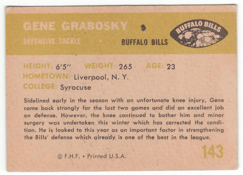 1961 Fleer #143 Gene Grabosky back