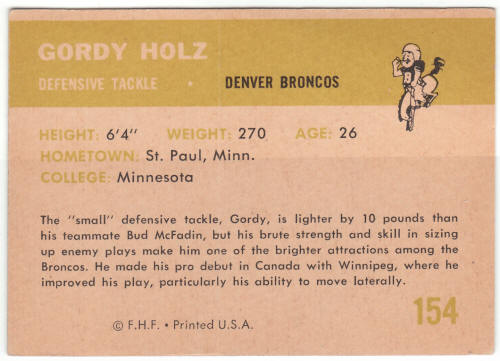 1961 Fleer Gordy Holz #154 Rookie Card back