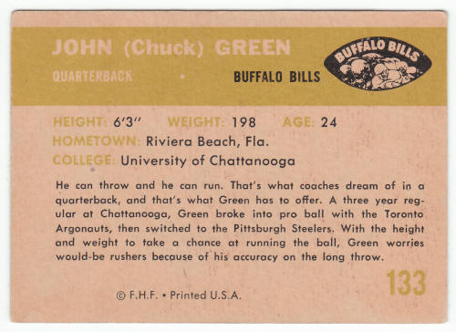 1961 Fleer John Green #133 Rookie Card back