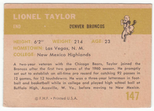 1961 Fleer Lionel Taylor #147 Rookie Card back
