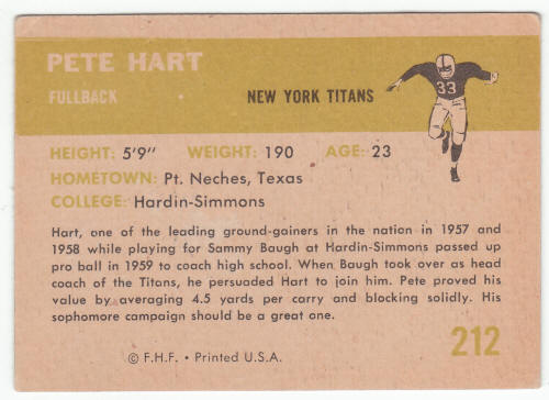 1961 Fleer Pete Hart #212 Rookie Card back