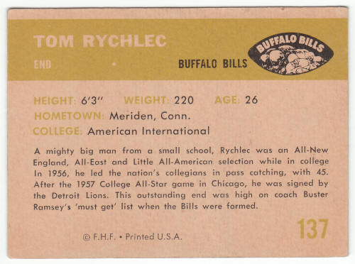 1961 Fleer #137 Tom Rychlec back