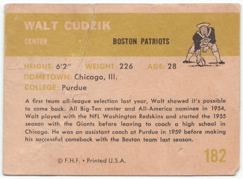 1961 Fleer Football #182 Walt Cudzik Rookie Card