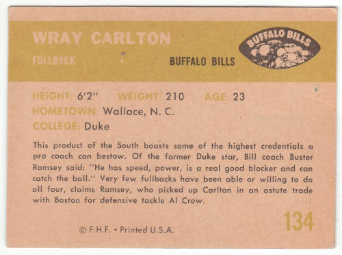 1961 Fleer Wray Carlton #134 Rookie Card back