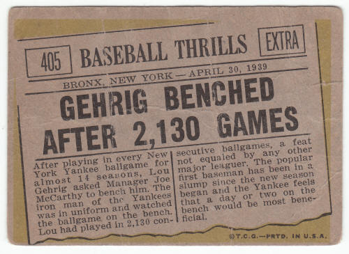 1961 Topps Lou Gehrig The Streak #405 back