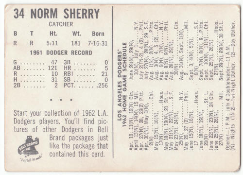 1962 Bell Brand Norm Sherry #34 back