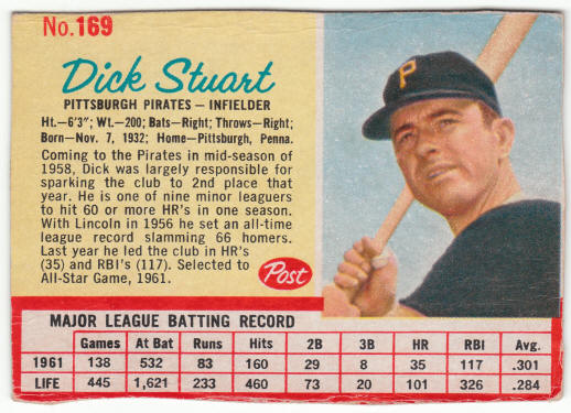 1962 Post Cereal #169 Dick Stuart