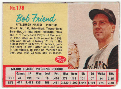 1962 Post Cereal #178 Bob Friend front