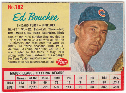 1962 Post Cereal #182 Ed Bouchee front