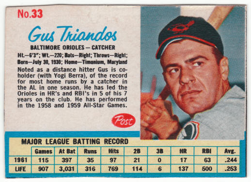 1962 Post Cereal #33 gus triandos front