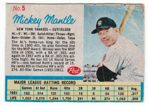 1962 Post Cereal Mickey Mantle #5A front