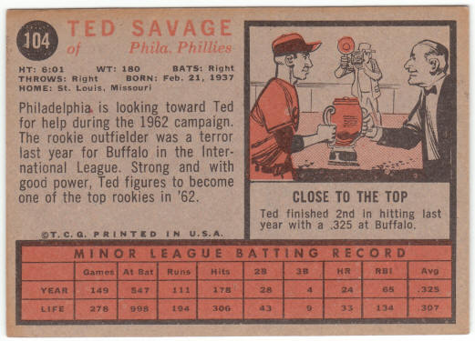 1962 Topps Baseball #104 Ted Savage Rookie Card