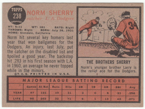 1962 Topps Baseball #238 Norm Sherry