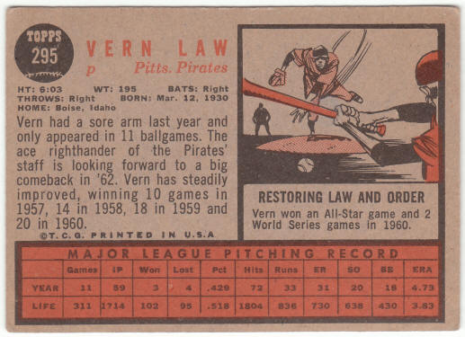 1962 Topps Baseball #295 Vern Law