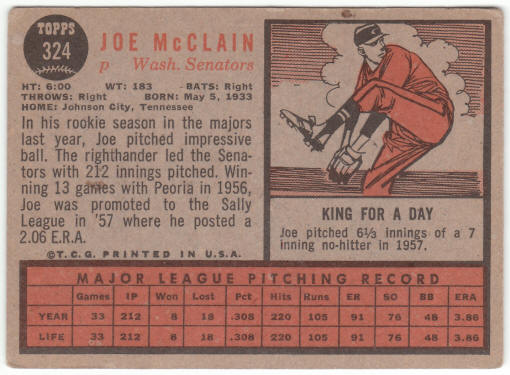 1962 Topps Baseball #324 Joe McClain back