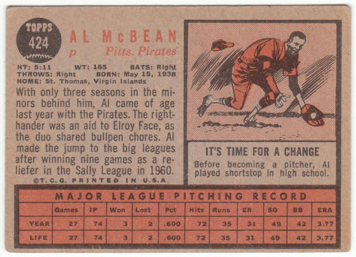 1962 Topps Baseball #424 Al McBean Rookie Card