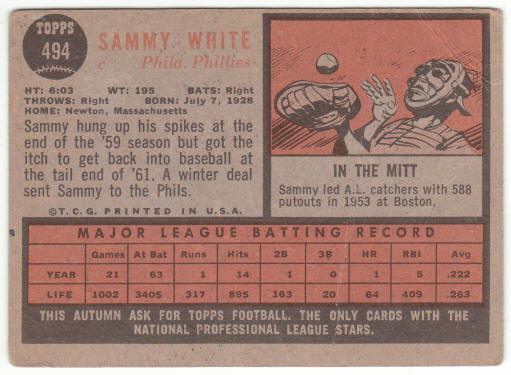 1962 Topps Baseball #494 Sammy White