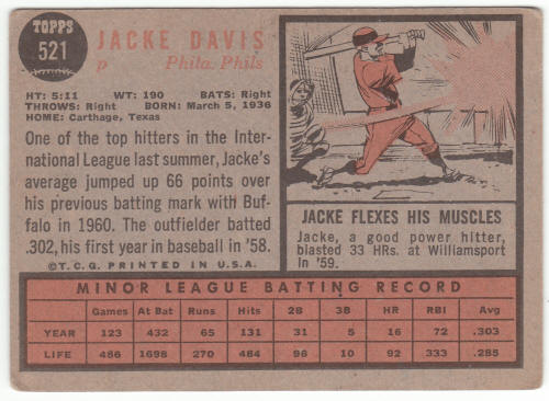 1962 Topps Baseball #521 Jacke Davis UER Rookie Card