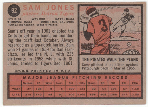 1962 Topps Baseball #92 Sam Jones