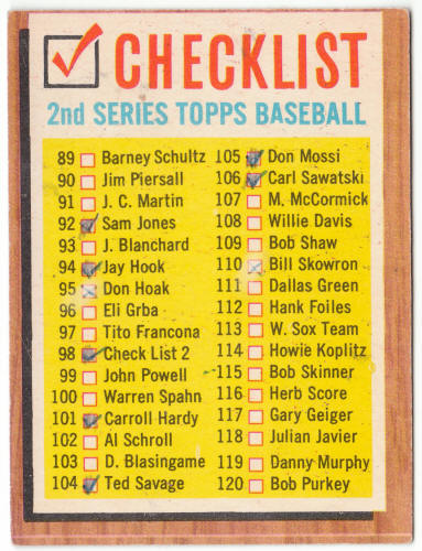 1962 Topps Baseball #98 Second Series Checklist