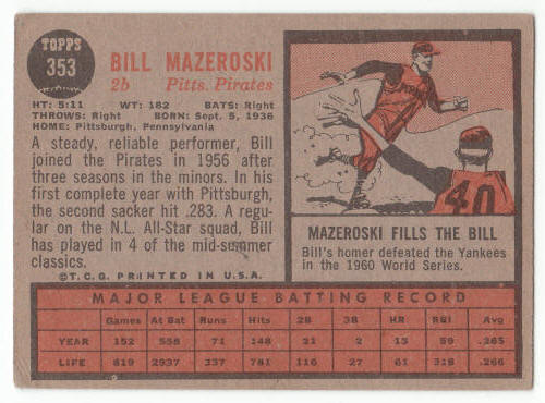 1962 Topps Bill Mazeroski #353 back