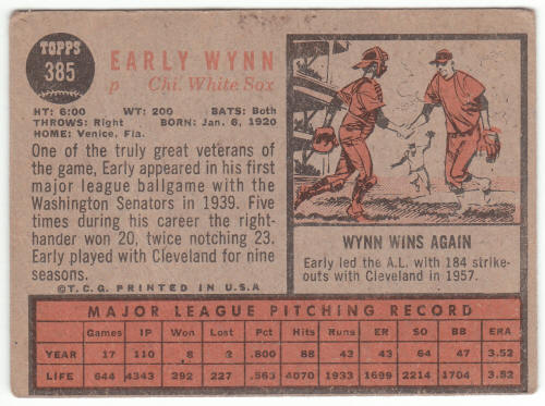 1962 Topps #385 Early Wynn back