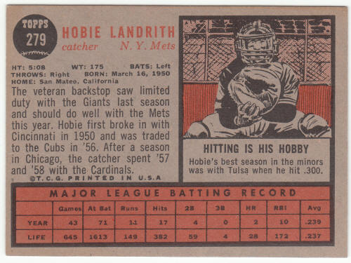 1962 Topps #279 Hobie Landrith UER back
