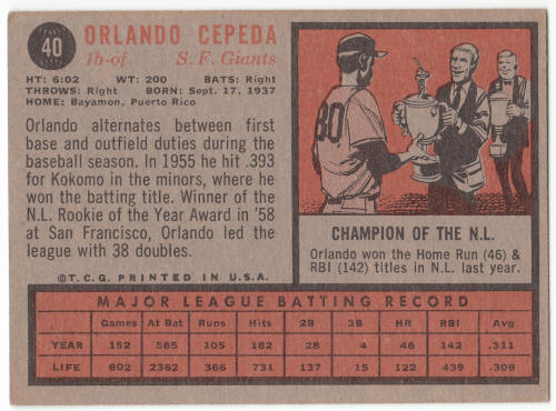 1962 Topps Orlando Cepeda #40 back