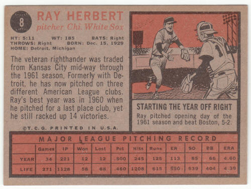 1962 Topps #8 Ray Herbert back