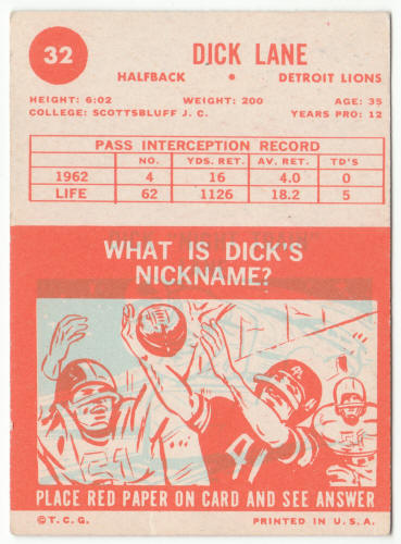 1963 Topps Football #32 Dick Lane back