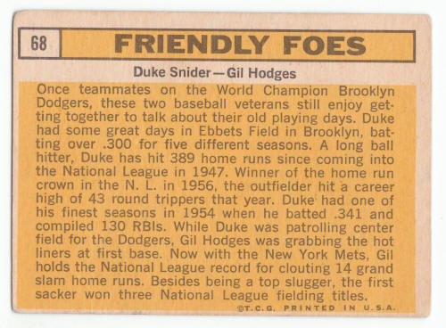 1963 Topps Friendly Foes Duke Snider Gil Hodges #68 back